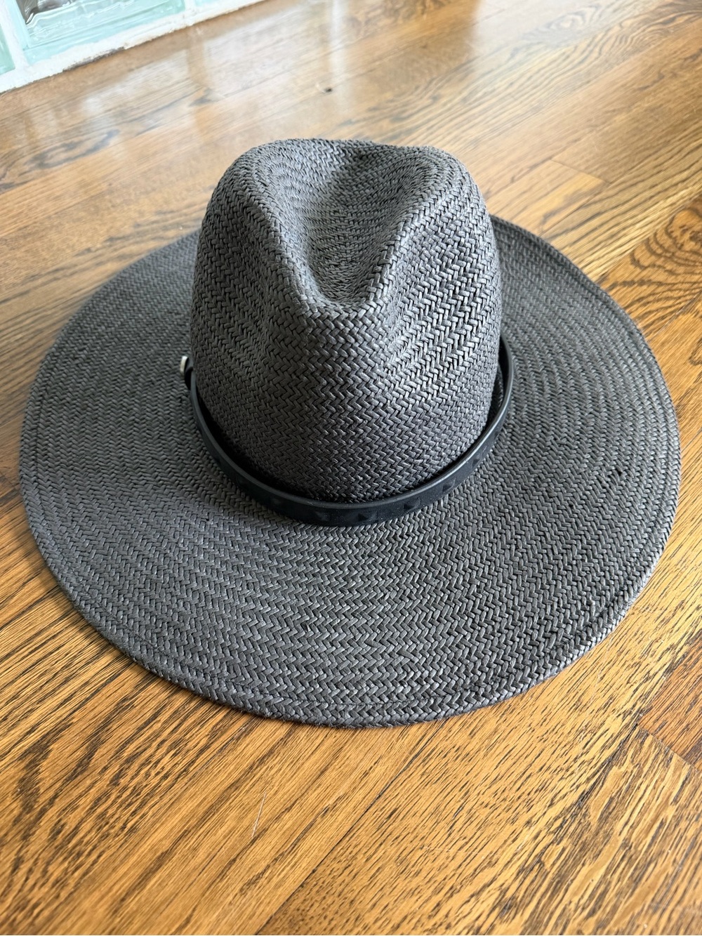 All Saints Wide Brim Straw Fedora Hat - Charcoal with Black Band